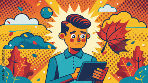 A young Hispanic boy looking worried while using a tablet amidst a colorful autumn background.