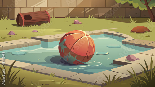 A colorful beach ball floats in a small, neglected pool surrounded by overgrown grass and scattered debris.