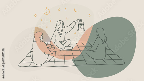 Three women enjoying a cozy evening together, sharing stories by lantern light on a comfortable blanket.