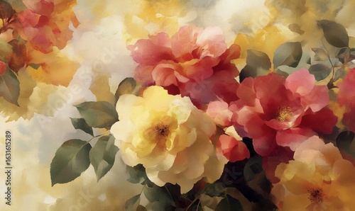 Floral artwork soft watercolor roses in pink yellow and red hues