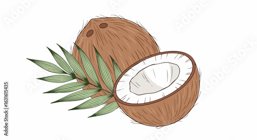 Fresh whole coconut and half coconut with green leaves.  Delicious coconut fruit with white flesh and brown husk.  Perfect coconut illustration for tropical recipes, summer drinks,