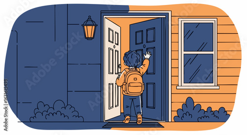 Child knocking on door at home entrance. Young student with backpack knocks on neighbor's door.  Illustration showing child knocking on door for help or visit.