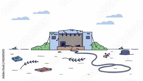An illustrated rundown stage surrounded by overgrown vegetation, showcasing a sense of abandonment and nostalgia.