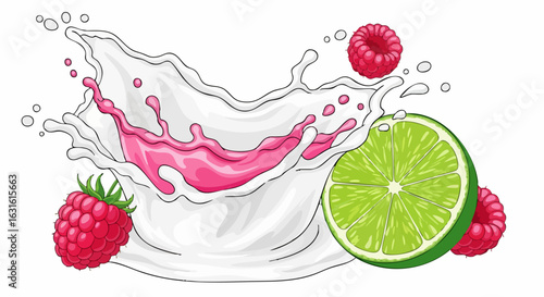 Raspberry lime smoothie splash with fresh raspberries and lime wedges. Creamy raspberry lime smoothie perfect for summer refreshment. Refreshing raspberry lime smoothie concept for beverage menus,