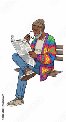 Man reading newspaper on bench, a senior man enjoys newspaper outdoors. Man reading newspaper while wearing colorful cardigan, jeans, and hat in park.