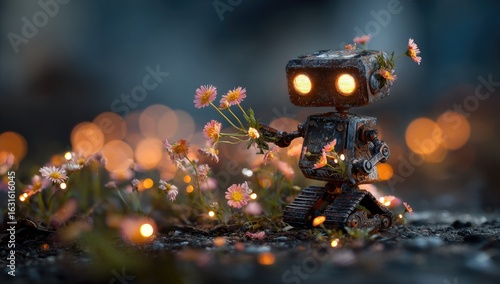 Rusty robot holding flowers in a bokeh-filled setting