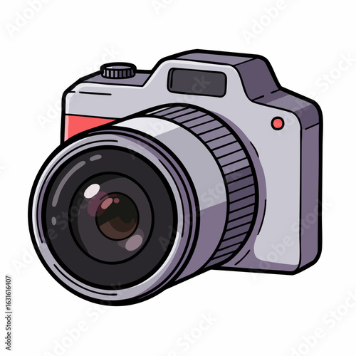 Digital camera presented in simple graphic style and isolated on white backdrop. Modern digital camera features a lens and ergonomic design. Concept digital camera is ideal for technology blogs.