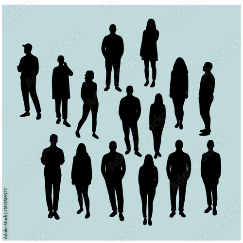 Silhouette of people standing in various poses against soft blue background. Silhouette of people communicating, contemplating, and interacting, presenting a diverse representation of figures.