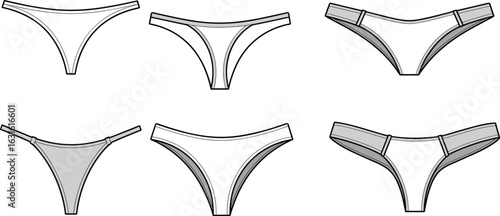 A technical flat sketch on a white background, showcasing six different styles of bikini bottoms, including high-leg, Brazilian, and string bikini designs, illustrating a 
