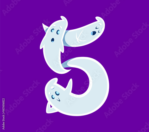 Halloween font 5 digit ghost cartoon cute character. Halloween monster mascot font typeset figure or ghost funny personage number or latin alphabet vector five digit, English ABC numeral symbol
