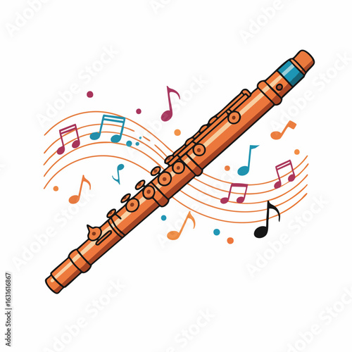 Detailed flute illustration on white, showing music notes, lines and artistic rendering. Flute artwork suggests melodic art with musical instruments depicted in whimsical way.