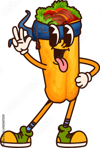 Cartoon groovy mexican fast food burrito pirate character. Tex Mex cafe meal retro vector funny pirate captain personage. Mexican street food burrito cheerful groovy mascot or corsair sailor character