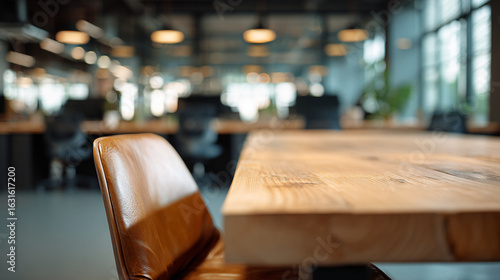A blurred view of a modern office space with a wooden table and a leather chair in the foreground