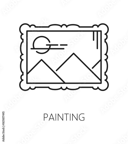 Fine art museum exhibition line icon or symbol. Ancient painting museum thin line vector sign, exhibition lineart symbol. Exhibit pictogram or icon with mountain landscape painting in frame