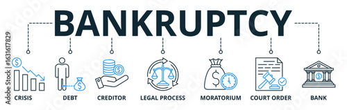 Bankruptcy web banner icons Vector illustration concept with icons keywords of crisis, debt, creditor, legal process, moratorium, court order, and bank