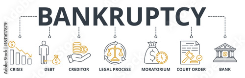Bankruptcy web banner icons Vector illustration concept with icons keywords of crisis, debt, creditor, legal process, moratorium, court order, and bank