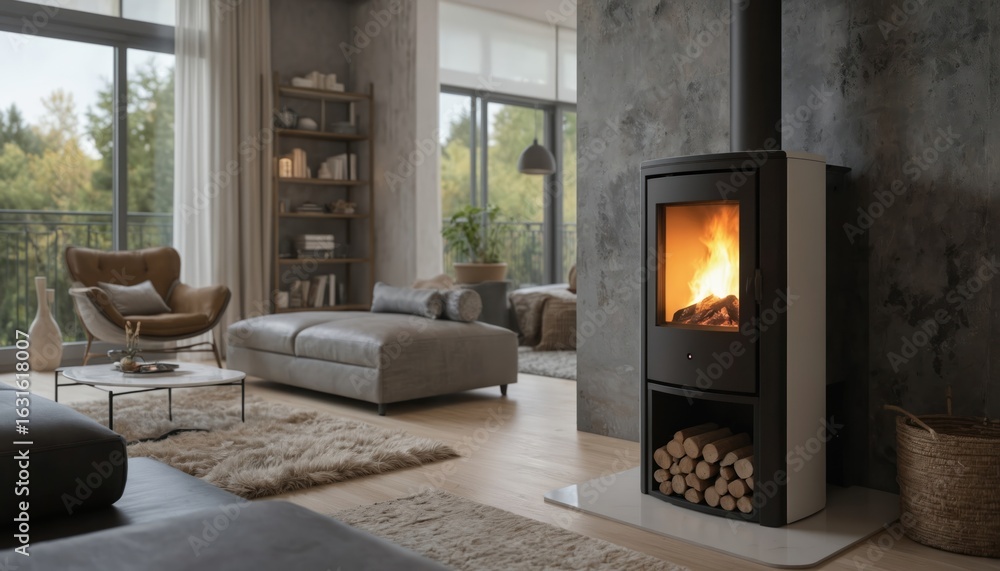 Fototapeta premium Contemporary living room featuring modern pellet stove providing eco-friendly heating, cosy atmosphere. Warm flames flicker inside wood burner, offering comfort, relaxation. Minimalist decor, natural