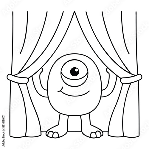 Cute cartoon one-eyed monster peeking from behind stage curtains in black and white outline character
