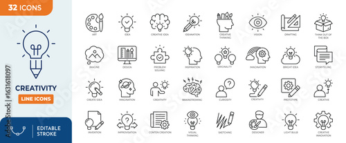 Creativity line editable icon set. Containing Creative,  idea, design, imagination, innovation, inspiration, originality, and more. Editable stroke. Vector illustration