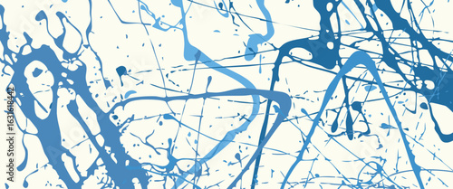 Vector illustration. Drawn blue paint splatter background. Panoramic wallpaper with layered ink splashes and halftone dots. Dynamic messy dye concept. Modern artistic painting. Horizontal backdrop