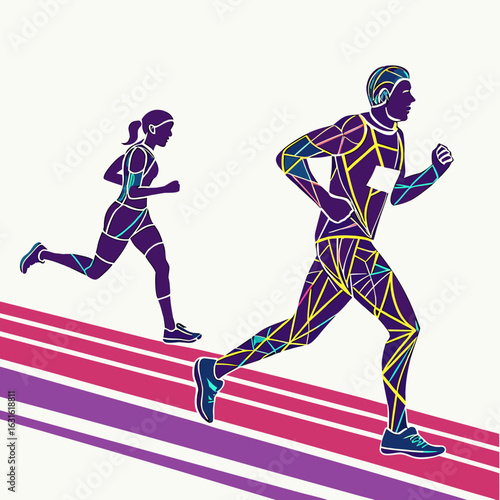 Stylized illustration of two runners in motion. The runners have purple bodies with geometric shapes highlighted in yellow.

