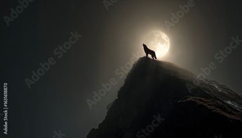 Silhouetted wolf on a mountain peak under a full moon