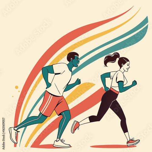 A digital illustration showing a man and woman jogging against a rainbow backdrop. The image appears to be stock art of a fitness concept.


