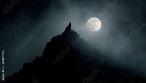A lone wolf atop a mountain peak under a full moon