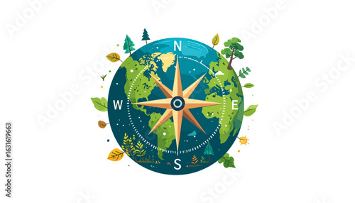 Global navigation and eco-travel concept with Earth and compass rose illustration