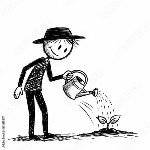 Cartoon Character Watering Plants with Watering Can