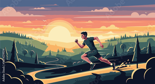 Man running through scenic landscape at sunrise.