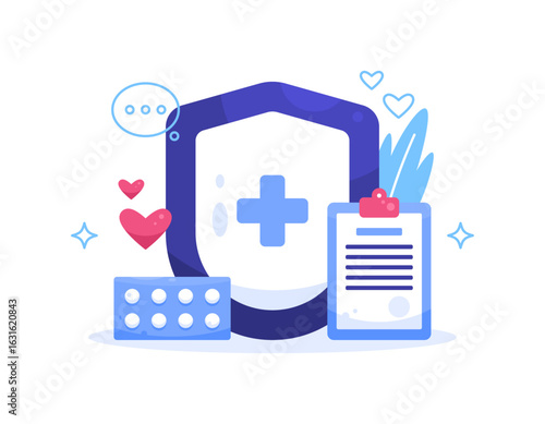 A concept of protection and healthcare. Maintaining health and treatment. Consultation services. Illustration of a shield with medical reports and medicines. Flat design elements. White background
