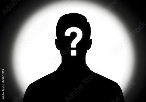 Silhouette of a man with a question mark mystery identity in the shadows