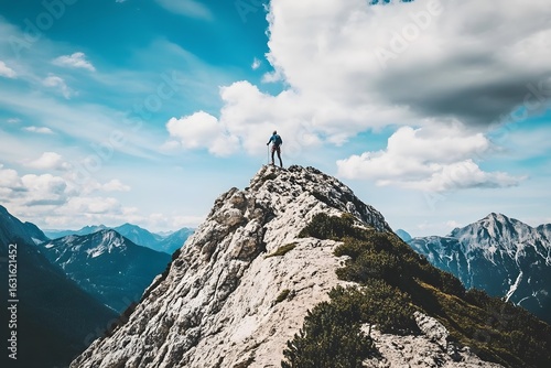 Lone Hiker Stands Victorious Atop a Majestic Mountain Peak Under a Dramatic Sky