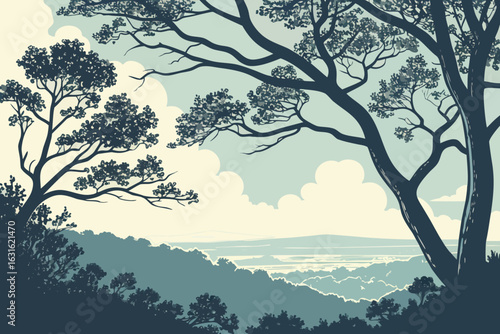 Illustration of a tranquil landscape with silhouetted trees and distant hills under a cloudy sky view