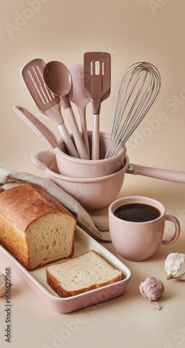 Pink kitchen utensils and bread