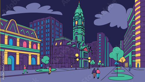 Illustration of a city street at night with people walking and tall buildings and a clock tower visible