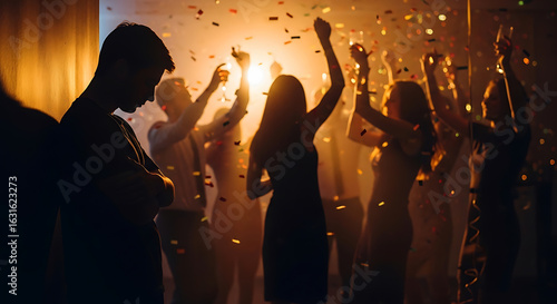 Social Anxiety and Loneliness at a Party, A Person Feeling Excluded in a Crowd, Silhouette of an Introvert at a Celebration, Feeling Alone While Others Have Fun.