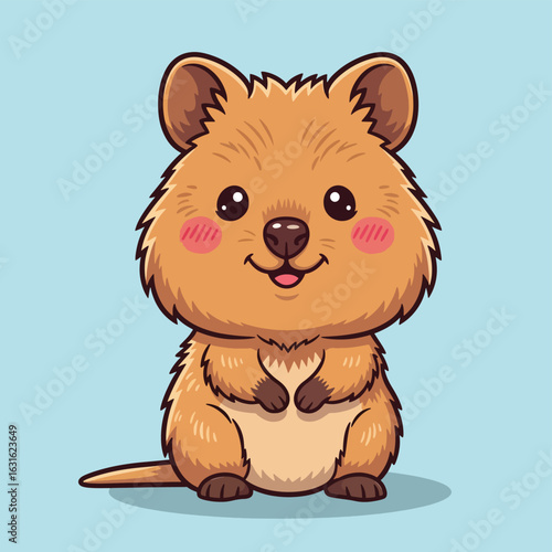 Adorable smiling cartoon quokka with fluffy brown fur and rosy cheeks illustrated in a cute kawaii style.