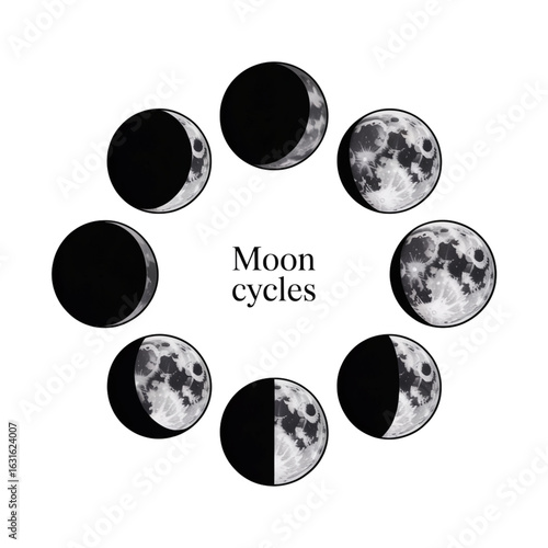 Eight Moon Phases diagram isolated on a transparent background