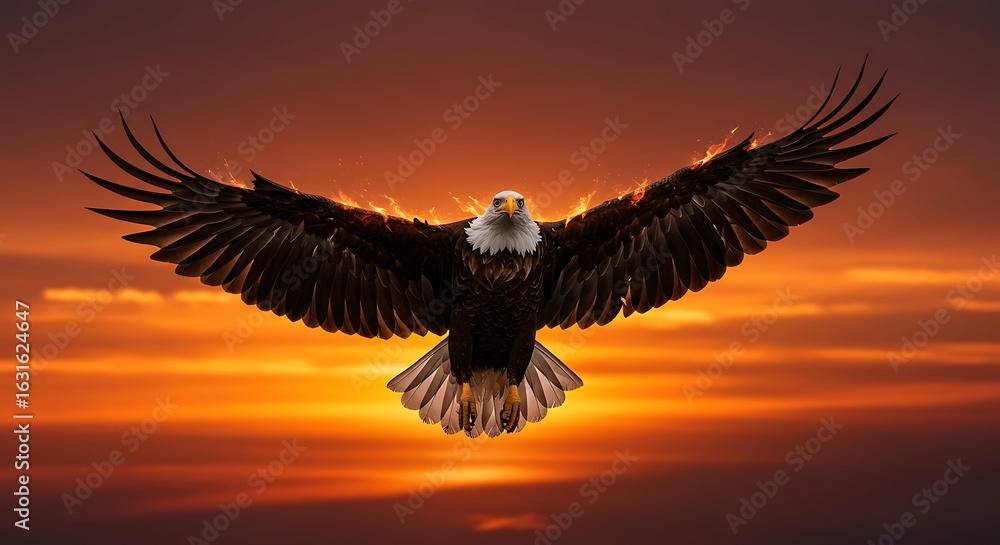 Obraz premium Powerful bald eagle in flight against a fiery sunset.