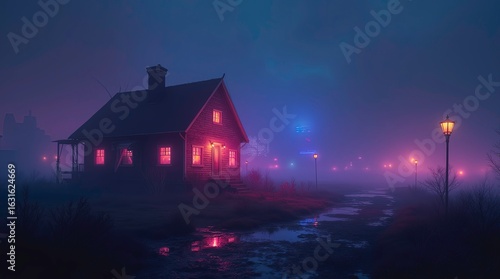 A glowing modern house stands illuminated in vibrant colors against a dark sky, with lightning flashing in the background.