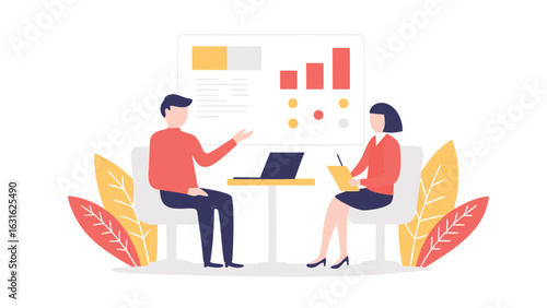 Illustration of a business meeting with a graph and two people discussing business ideas here