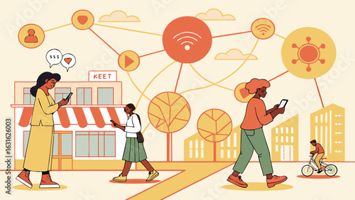 People using mobile devices in a connected urban environment with buildings and a cyclist present in scene