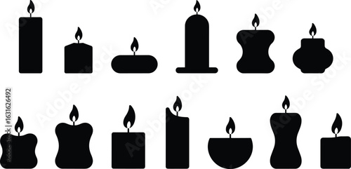 Silhouettes of various candles with flames, different shapes and sizes, burning candles, candlelight, wax candles, relaxing ambiance, decorative candles