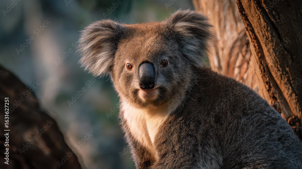 Fototapeta premium Koala Looking Alert Golden Hour Clean Background