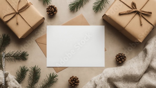 gift boxes on white table and fir branches. box with ribbon bow present on holiday wrapped paper. minimalistic Christmas gifts and card mockup 