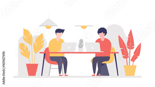 Two people working on laptops at a table surrounded by plants in a bright and modern office space