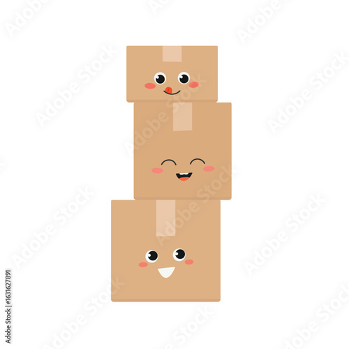 Stacked cartoon cardboard boxes with cute cheerful faces