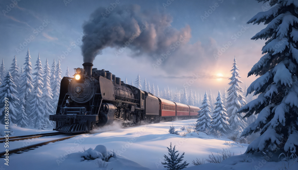 Obraz premium Vintage steam train travels through snow-covered winter forest with evergreen trees. Red front of train stands out against white snow, black engine in contrast. Train moves from left to right,